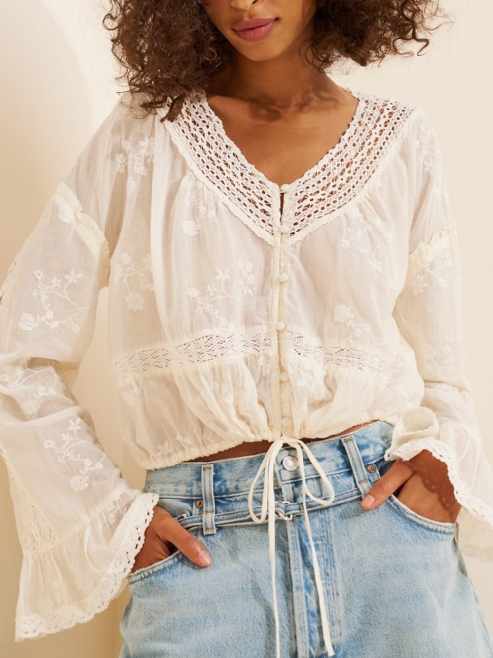 Free People Sweet Love Blouse Egret White 100% Cotton Crop Top Size Small